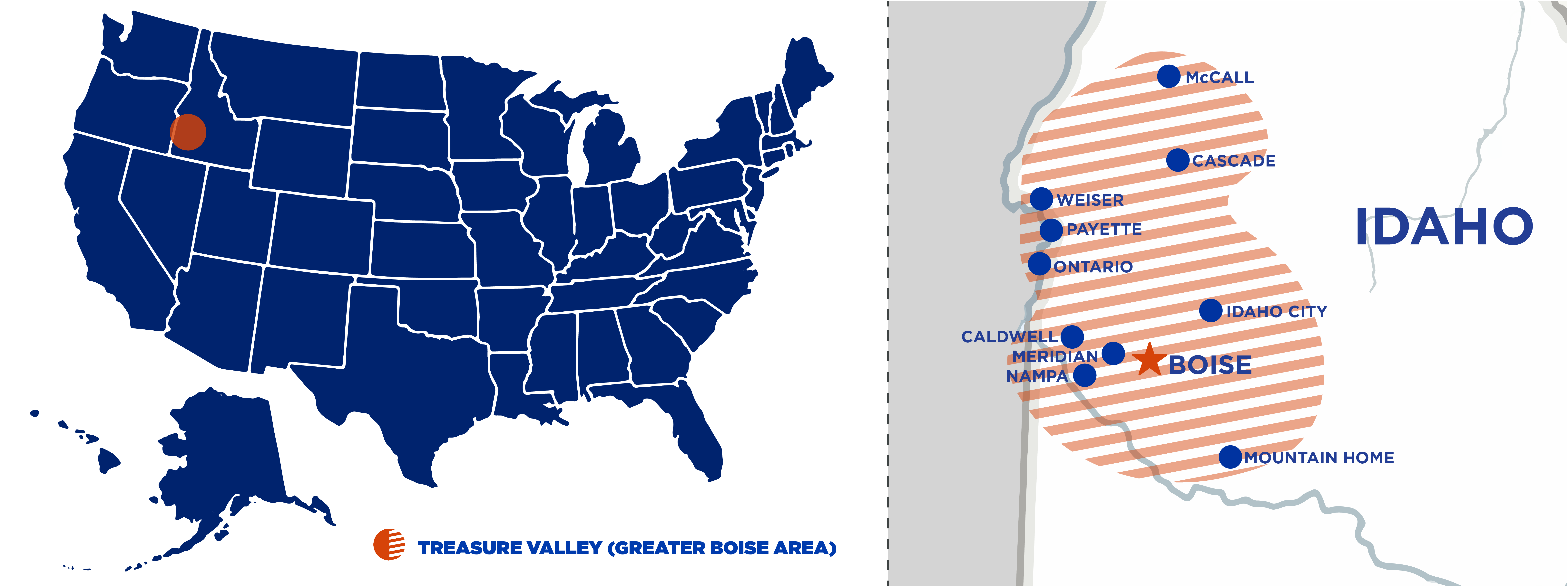 Map of the U.S. noting the Treasure Valley and a zoomed in section highlighting the geographic area of the Boise area from McCall to Boise (north to south) and Mountain Home to Ontario, OR (east to west)